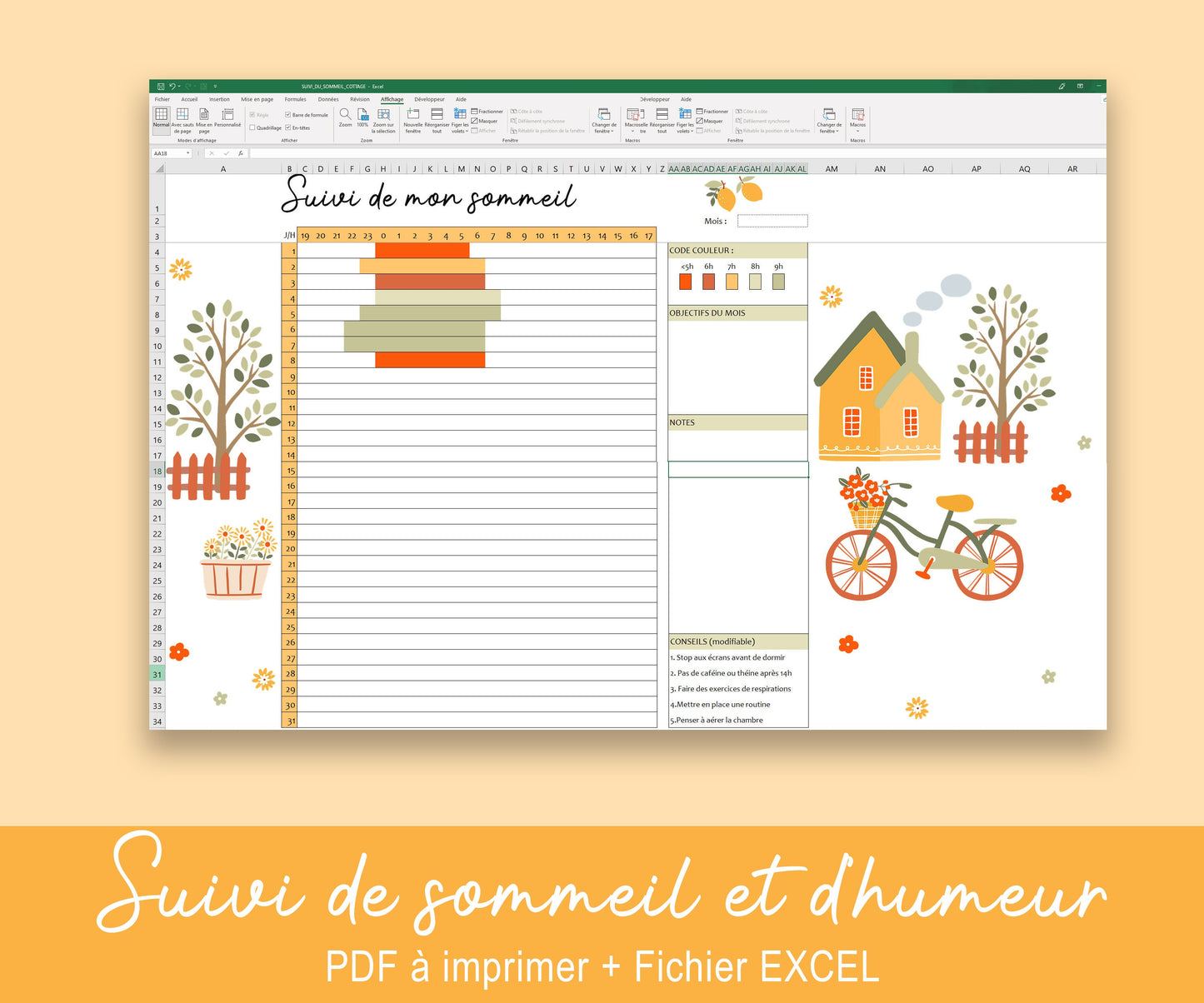 Suivi d’Humeur & de Sommeil – Excel + PDF imprimable