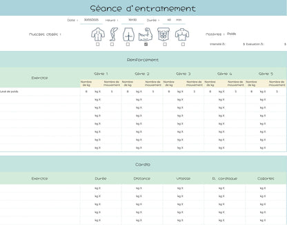 Planificateur fitness et sport - Google Sheets