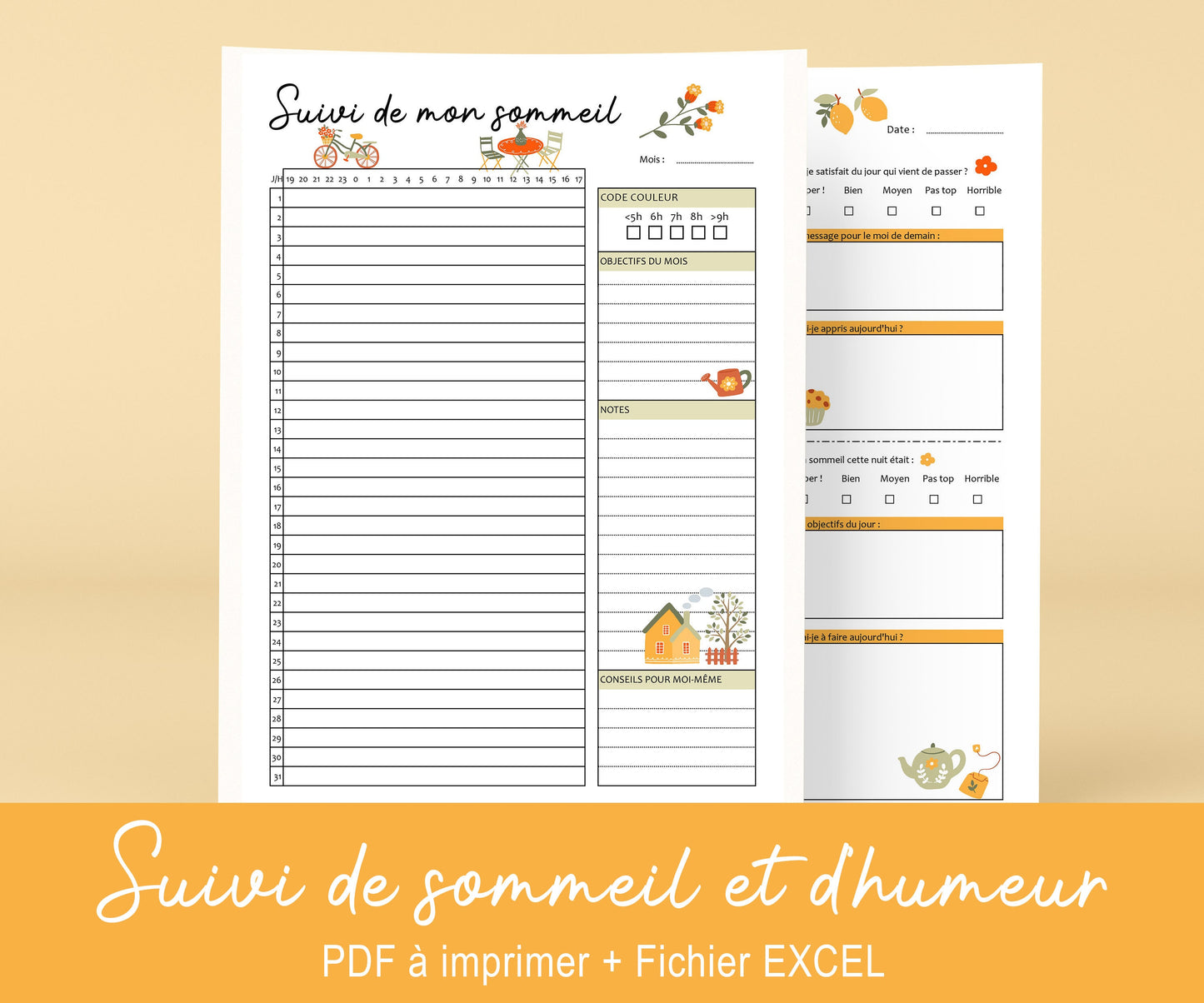 Suivi d’Humeur & de Sommeil – Excel + PDF imprimable